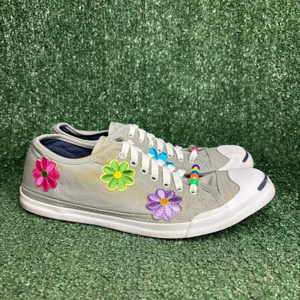 Converse Jack Purcell Floral Embroidered Beaded Hippie Sneakers Grey Womens 10.5